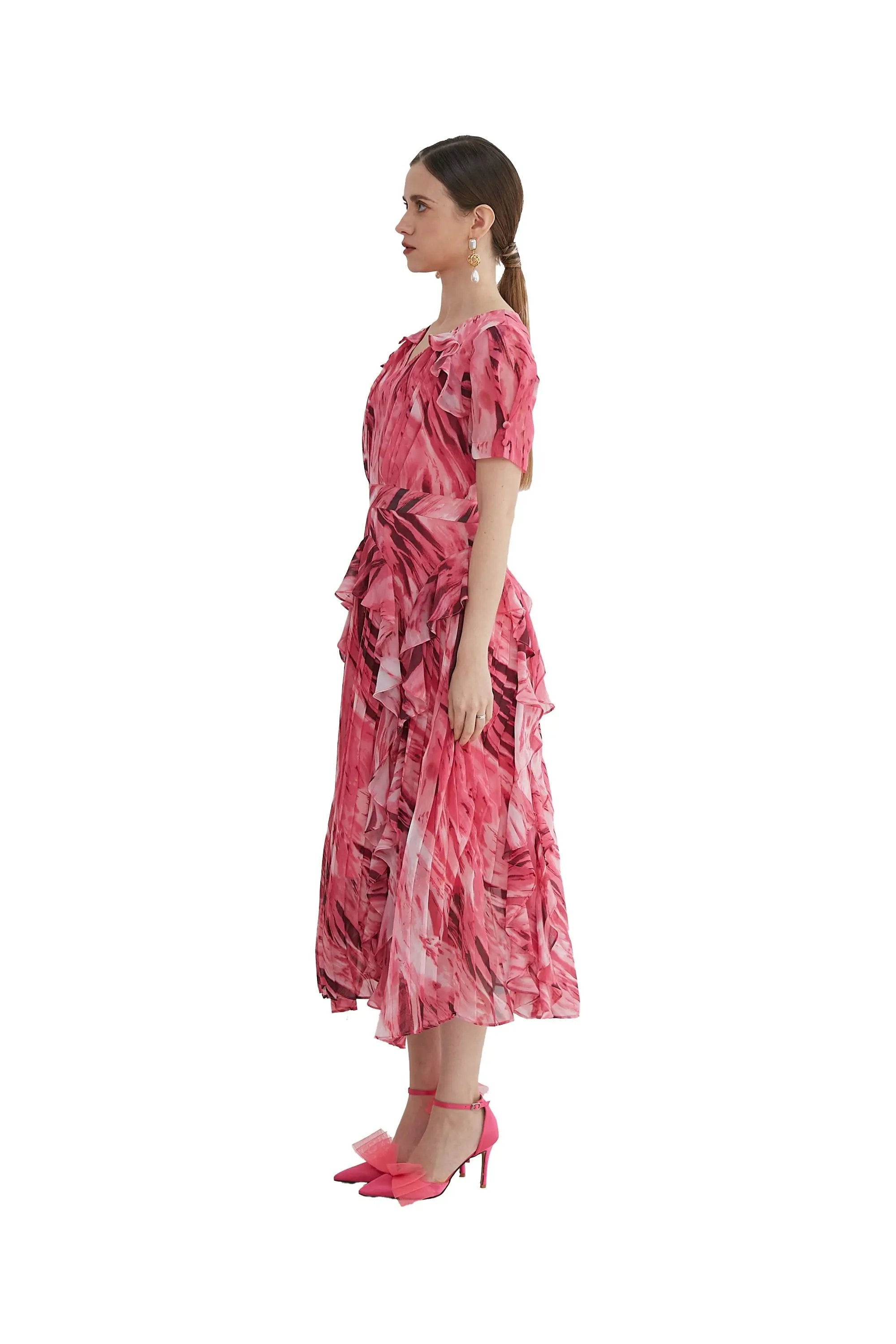 Ladies Summer Elegant V-Neck Ruffle Dress ULA